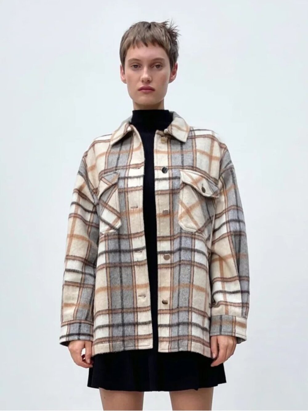 ZARA Wool Blend Oversized Shacket jacket in Neutral Plaid Size S